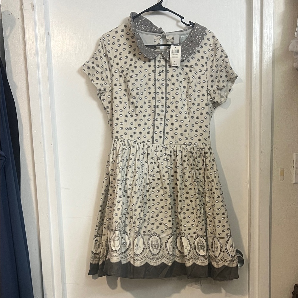 Totoro Vintage-Inspired Cream & Gray Printed Fit-and-Flare Dress